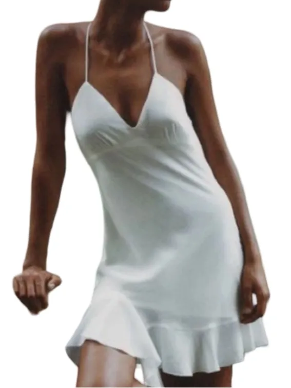 Zara White Satin Drapey Back Ruffle Hem Mini Slip Dress NWT Size S - Image 4