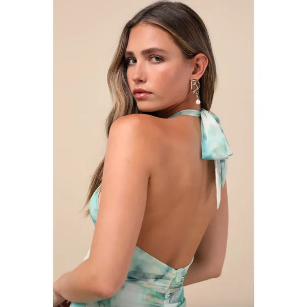 Lulus Febe Teal Green Multi Abstract Halter Ruffled Midi Dress Party XL NWT - Image 4