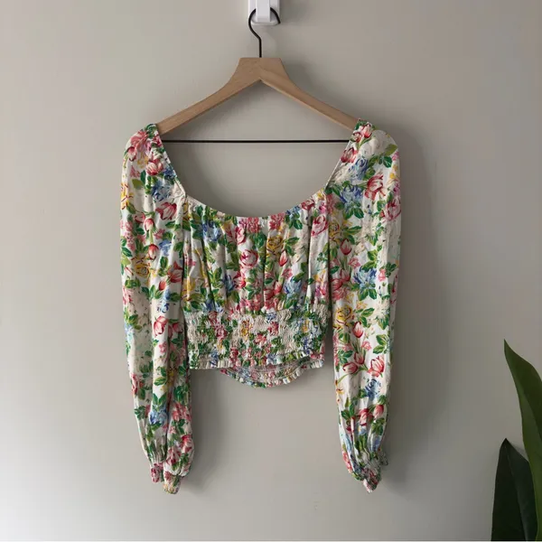 AFRM Revolve Sophie Smocked Top Floral Long Sleeve Square Neck Colorful Spring S - Image 4