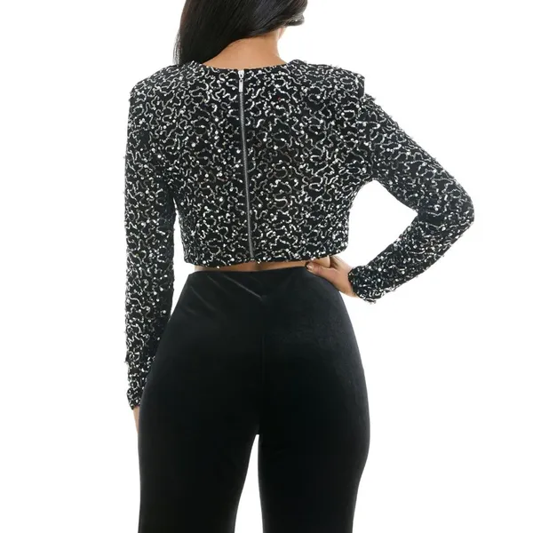 NWT Alex & Sophia Cropped Faux-Pearl-Trim Sequin Velvet Top Charcoal Black 2XS - Image 2
