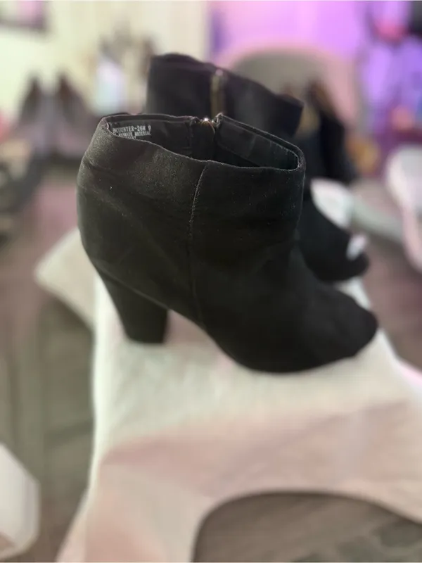 Bamboo•Black Faux Suede•Peep•Toe Ankle Boot•Size 9• 4”Block Heel - Image 3