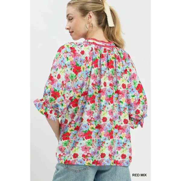 Umgee Mix Floral Print‎ Ruffle Top - Red- Small - Image 3