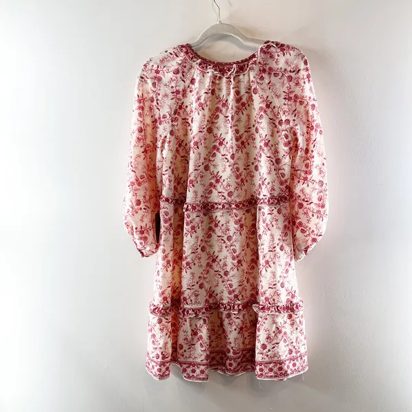 Max Studio Keyhole Long Sleeve Floral Tiered Mini Dress Pink White Small - Image 4