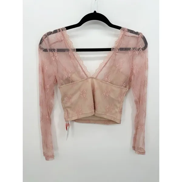 Cider Pink Lace Long Sleeve Crop‎ Top Button Front Size M Witchy Fairy Romantic - Image 2