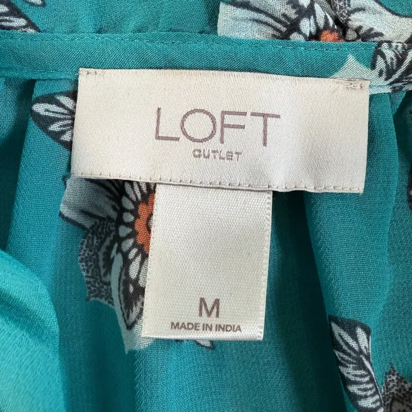 LOFT Outlet Women's Medium Sheer Teal Floral Ruffle Tie Neck Blouse Top - Image 5