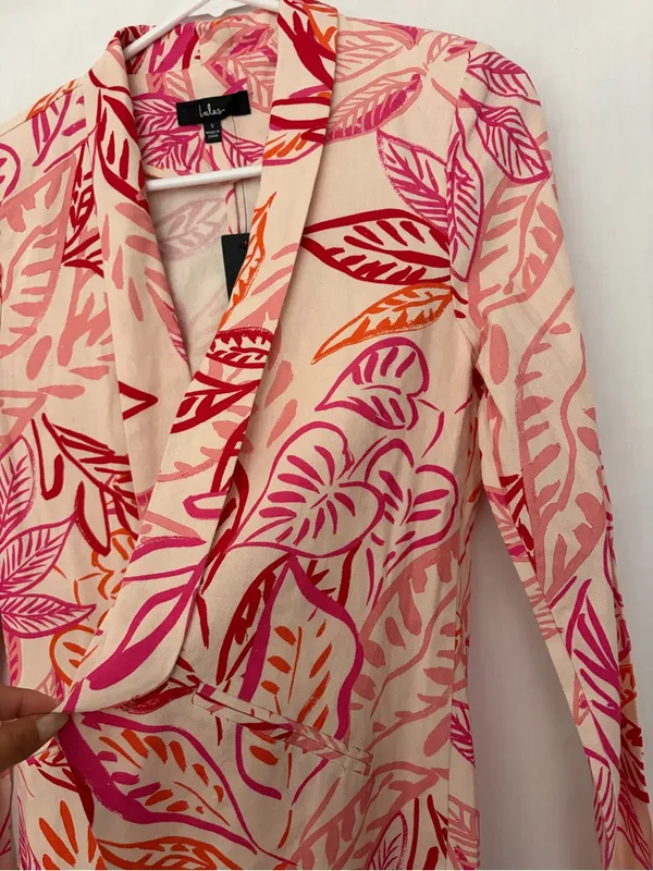 NWT Lulus Women Pink Orange Tropical Leaf Print Linen Blend Blazer Jacket S(A886 - Image 6