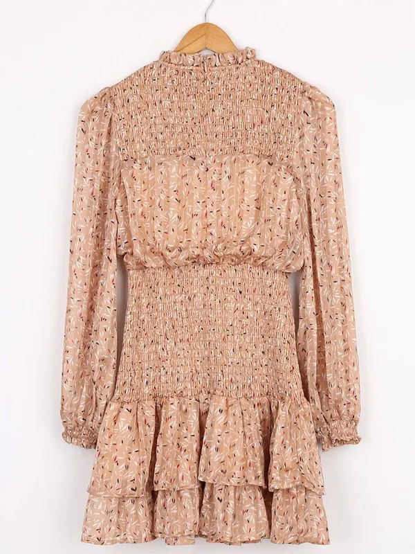 Lulu's Dash of Chic Tan Multi Print Smocked Long Sleeve Mini Dress size medium - Image 3