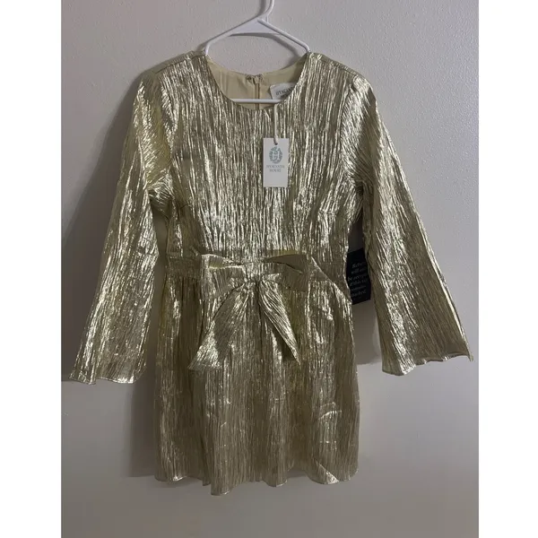 Tuckernuck Hyacinth House Gold Plisse Carol Bow Mini Dress Size Medium NEW - Image 3