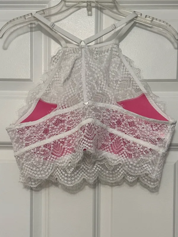 NWOT PINK Victoria's Secret Eyelash White Lace High Neck Underwire Push-Up Bra L - Image 4