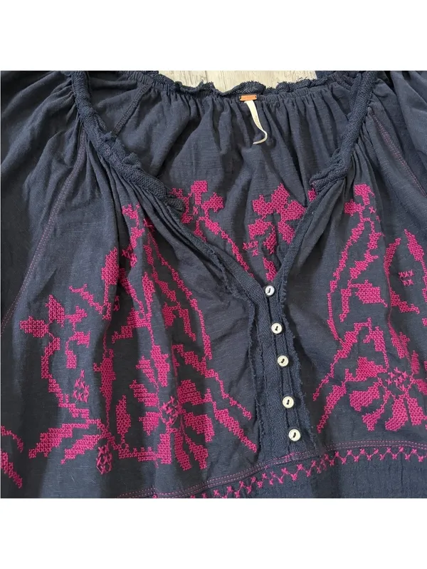 Free People Persuasion Embroidered Boho Chic 100% Cotton Floral Blouse -medium - Image 5