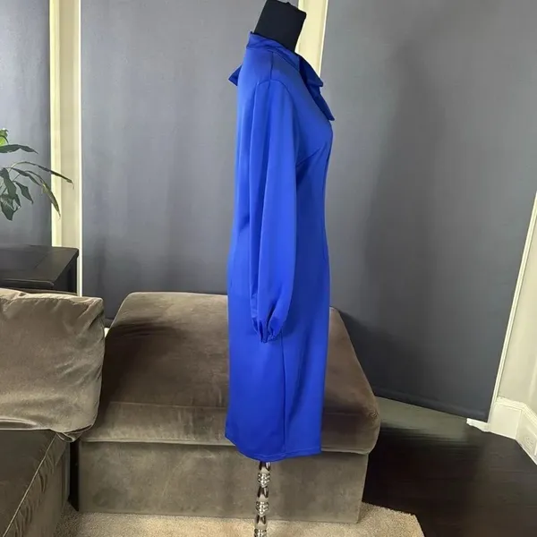 Women’s Blue Long Sleeve Midi Pencil Dress with Bow Detail Size M NEW - Image 3