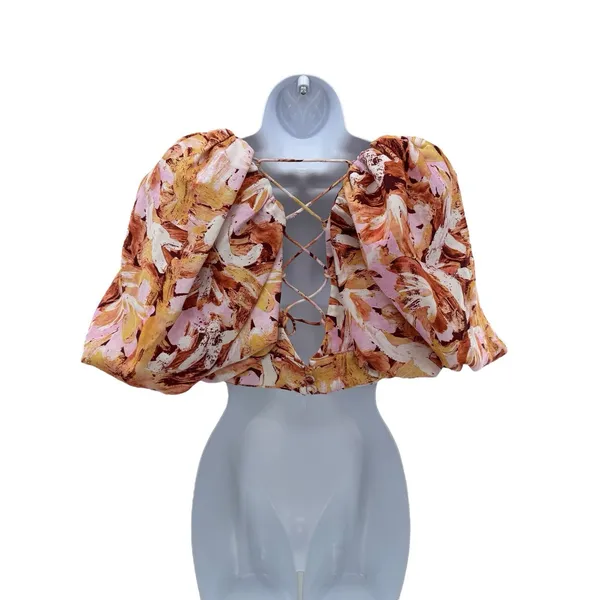 Acler Withington Top Size 2 NWOT Puff Sleeve Abstract‎ Floral Crop Blouse - Image 6