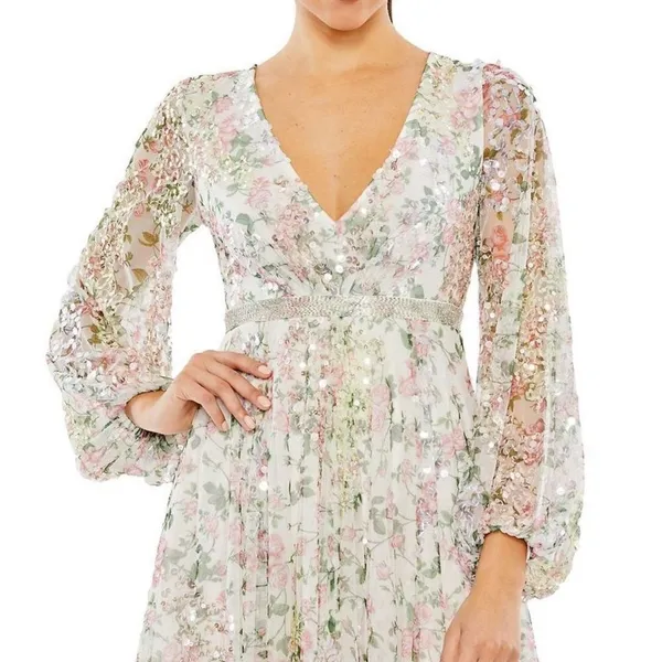 Mac Duggal 93788 Floral Beaded Sequin Midi Dress White Multi Size 16 - Image 2