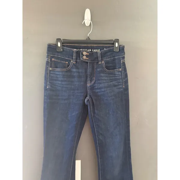 American Eagle Kick Boot Jeans Dark Indigo‎ Wash Double Button Womens 4 Long - Image 3