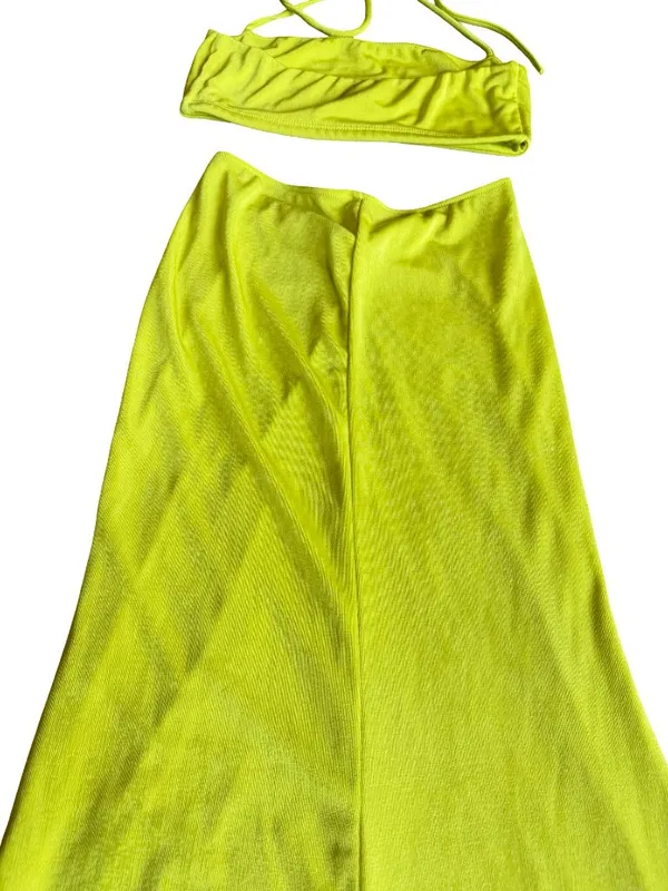 Tresser Chartreuse Twist Front Bandeau Maxi Skirt Set Small Women's - Image 5