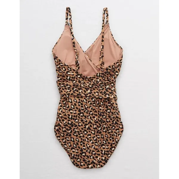 Aerie Leopard Print Wrap One Piece Swimsuit Tan Black Cutout Tie Waist L Long - Image 3