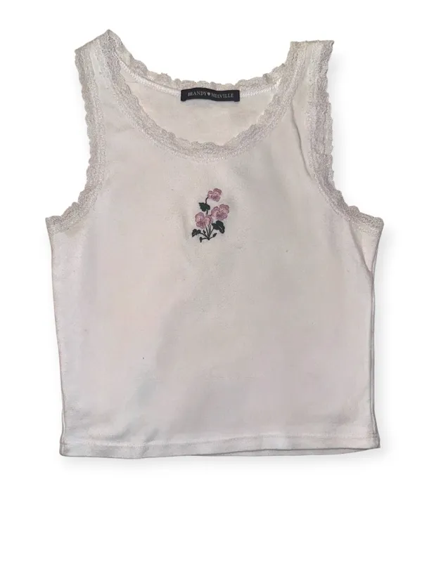 RARE Brandy Melville J. Galt Ronnie Lace floral Embroidered CropTank Top White - Image 5