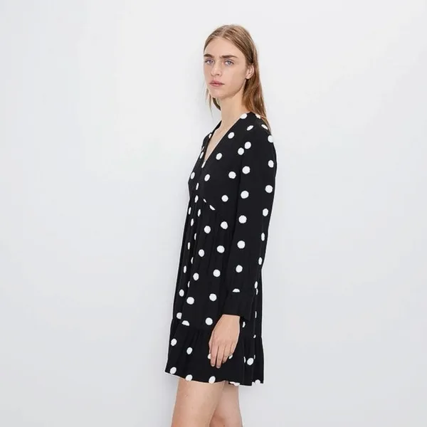 Zara Women's Black White Polka Dot V-Neck Long Sleeve A-Line Mini Dress Size L - Image 4