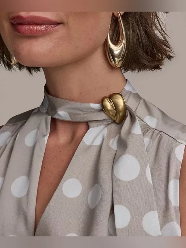 NEW Donna Karan Polka Dot French Twill Scarf Tie Neck Sleeveless Midi Dress 10 - Image 3