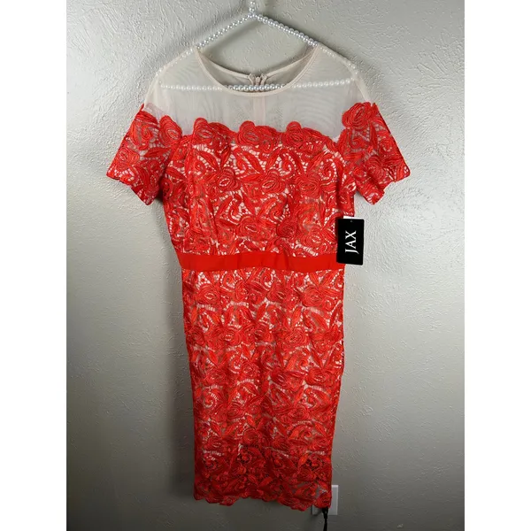 NEW Jax Dress Size 14 Short Sleeve Lace Mesh Sheath Bright Colors Knee Length - Image 2