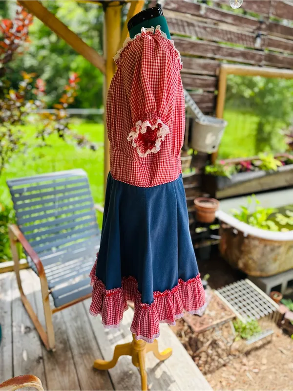 Handmade VINTAGE SQUARE DANCE PRAIRIE DRESS RED GINGHAM CHECKERED w DENIM Size 12/14 - Image 2