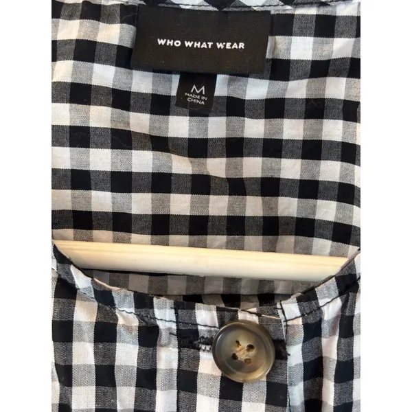 Who What Wear Gingham Puff Sleeve Button Down Blouse Black White Checkered Med. - Image 2
