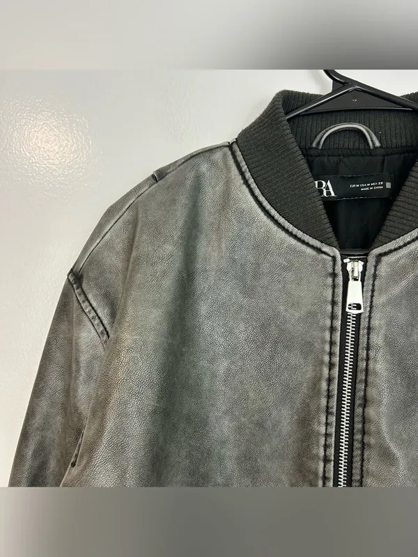 Zara Grey Zip Up Faux Leather Vegan Bomber Jacket Size Medium - Image 4