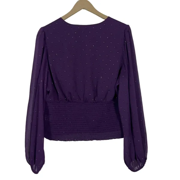 NWT Express Smocked Metallic Clip Dot Blouse Purple Whimsigoth V-Neck Size XL - Image 4