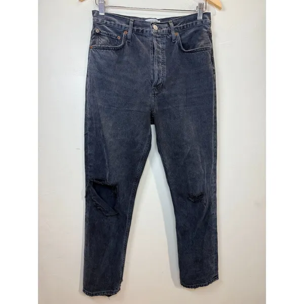 AGOLDE Riley Jeans Womens 28 Black Distressed High Rise Straight Leg Denim - Image 3