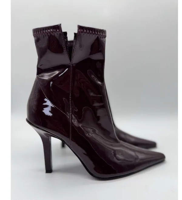 Zara Patent Leather High Heel BURGUNDY Boots Womens 36 - Image 4
