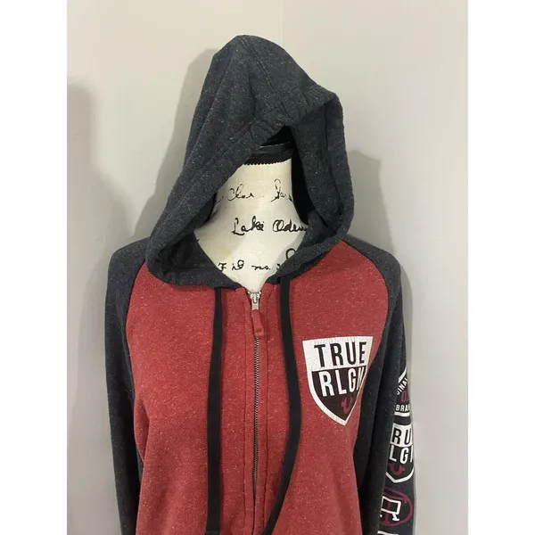 Unisex Raglan True Religion Sz M Red Zip Up Hoodie Sweatshirt - Image 7