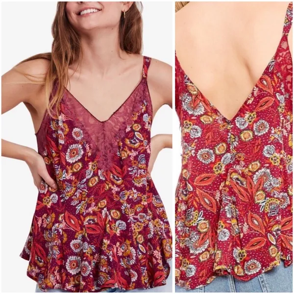 Free People Floral Cami Top Lace Trim V Neck Sleeveless‎ Blouse Medium - Image 2