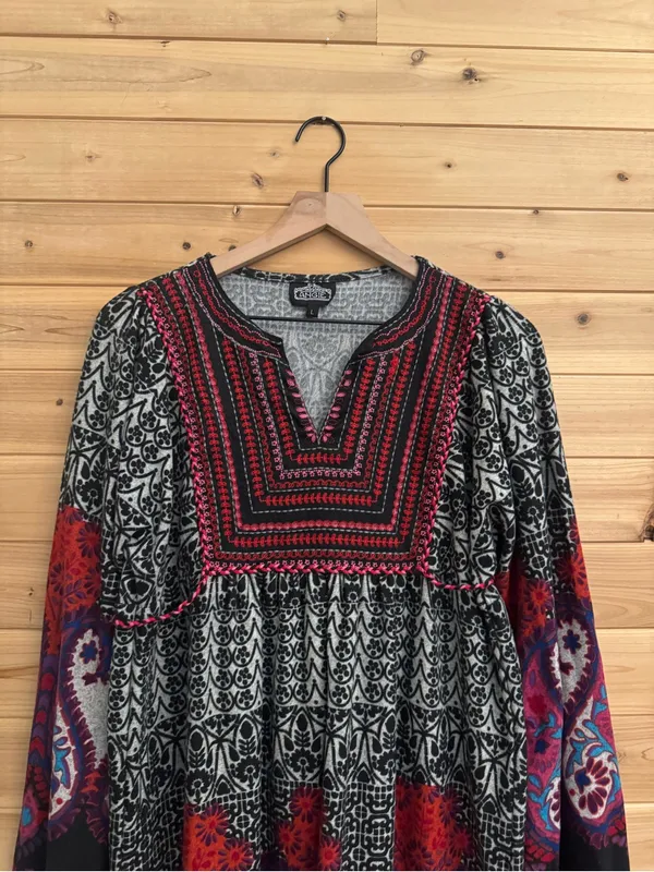 Angie Large Bohemian Long Sleeve Belted Notch Neckline Mini Dress Fall Biho - Image 2