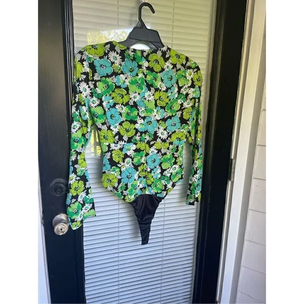 NWOT. Zara Draped Floral Blue Green Long Sleeve Cut Out Bodysuit M - Image 12