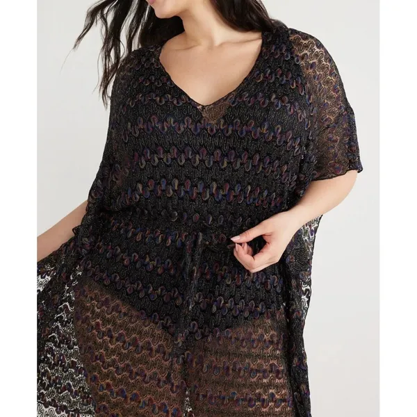Time and Tru Womens Coverup Black Size XL Crochet Kaftan Short Sleeve V-Neck - Image 5