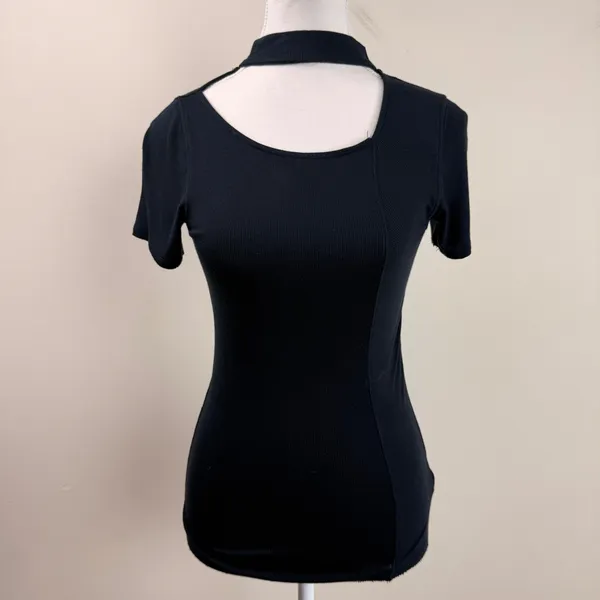 We The Free Free People Black Ribbed Choker Cutout‎ Top Short Sleeve Small - Image 2