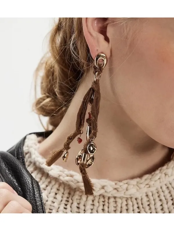 Free People Drop Earrings NWT Women's OS Brown Fabric Mixed Media Boho Charms - Image 2