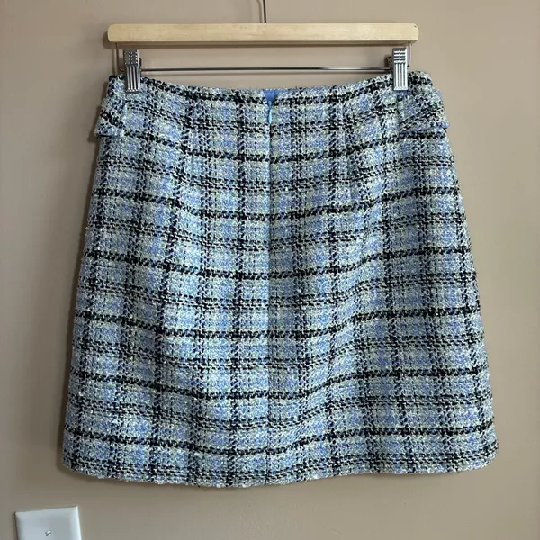 LOFT Tweed Plaid A-Line Mini Skirt 6 Blue Women Crest Button Metallic - Image 7