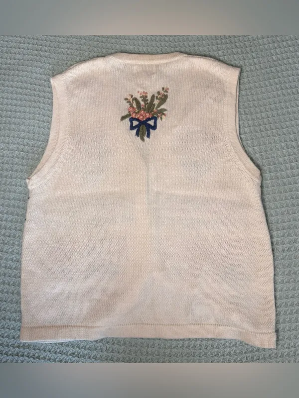 Vintage Hand Embroidered Christopher & Banks Sweater Vest Large Ivory Floral 90s - Image 3