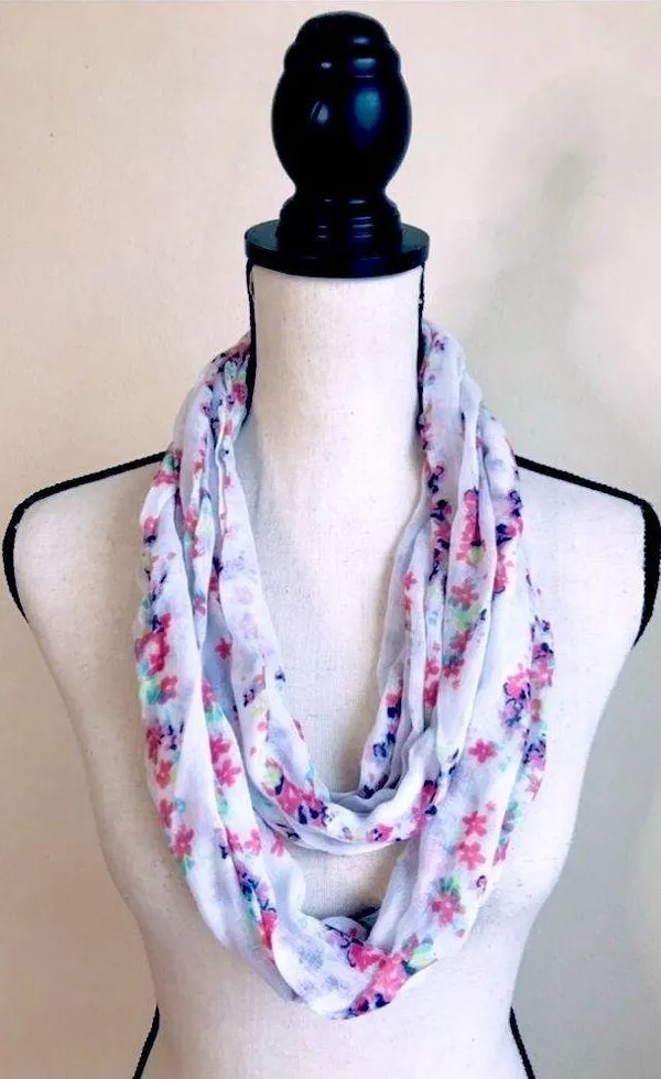 belle du jour White Floral Infinity Scarf w/ Petite Pink, Blue Flowers & Hues, Spring Like - Image 3