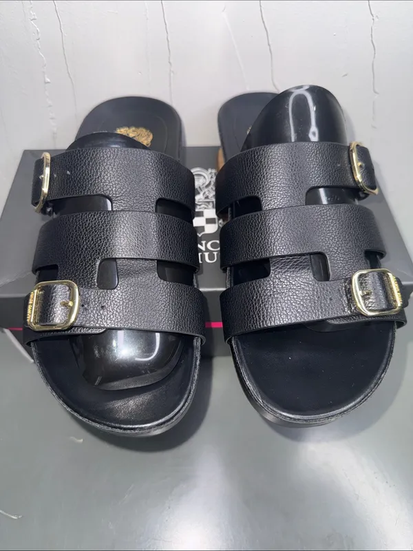 Vince Camuto Freida Black Leather Double Buckle Slide Mules - Image 3