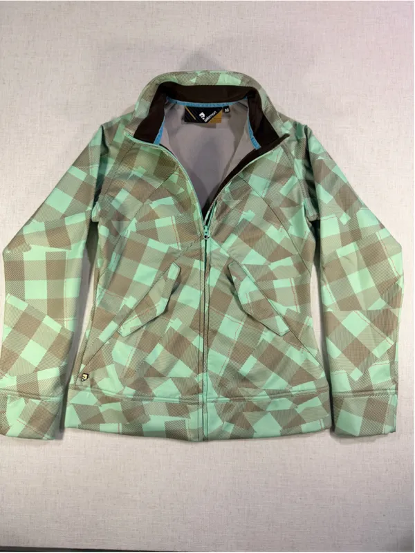 Salomon Women’s Fleece Lined Softshell Ski Jacket Geometric Plaid Mint Brown M - Image 2