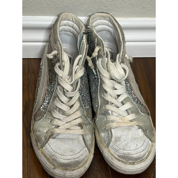 Golden Goose Slide High Top Sneakers 37 Silver Glitter Star GGDB - Image 4