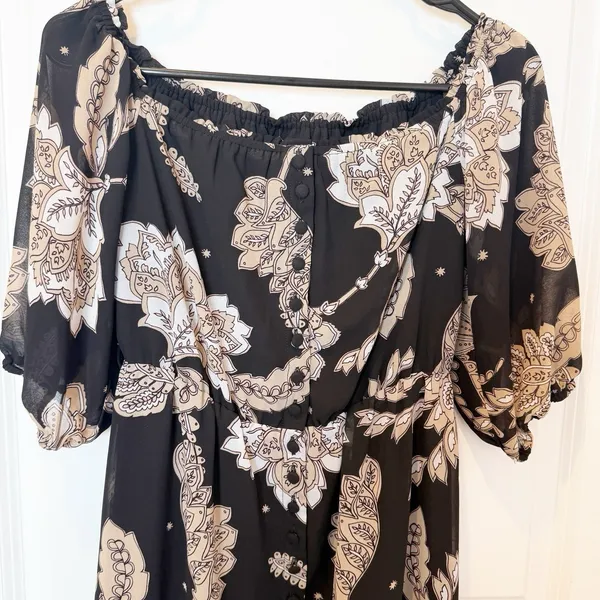 Bardot Paisley Button‎ Midi Dress XS Dark Romantic Coquette Puff Sleeve Black - Image 2