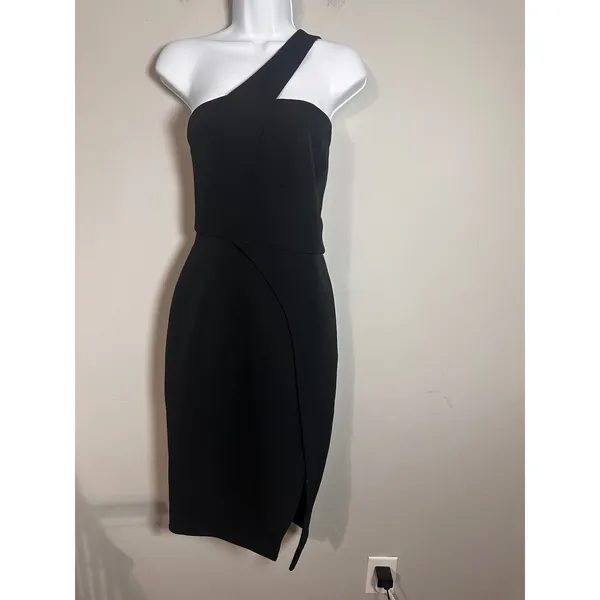 Nicholas Black One Shoulder Asymmetric Slit Midi Cocktail Dress Womens‎ US 8 - Image 2