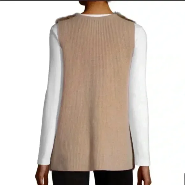 Liz Claiborne Faux Fur Front Ribbed Knit Back Open Vest Brown‎ Tan Small - Image 2