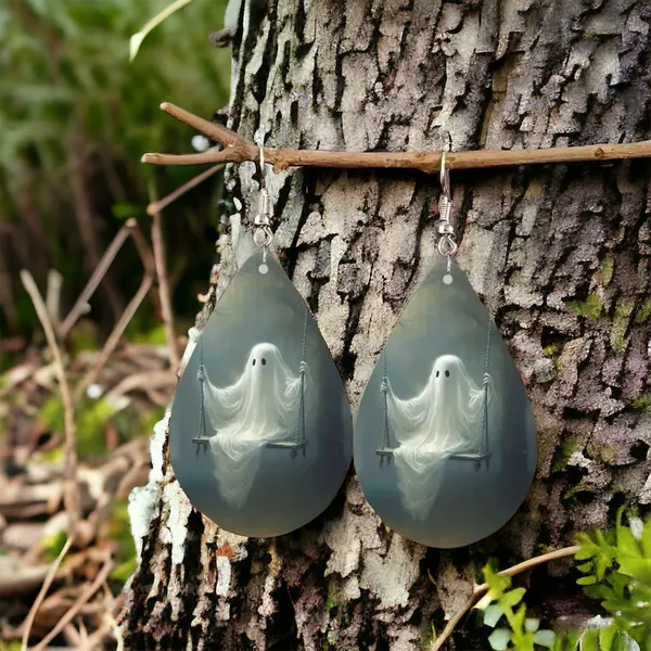 Cute Ghosts On Swing Teardrop Shape Earrings, Gothic Style‎ Dangle Earrings White - Image 3