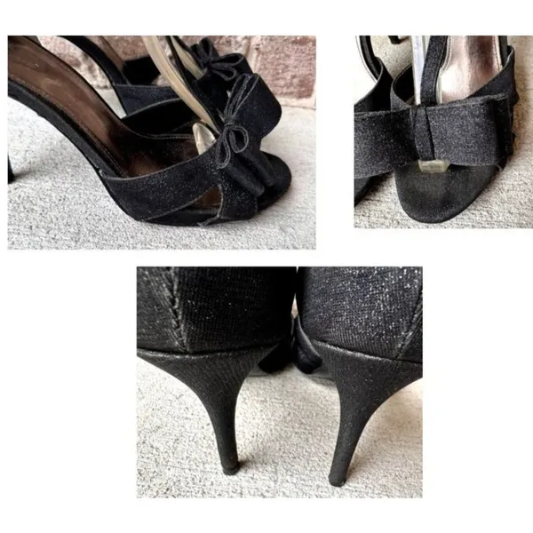 I Miller Black Stiletto High Heels 9M Black Bow Ankle Buckle Peep Toe Br… - Image 8