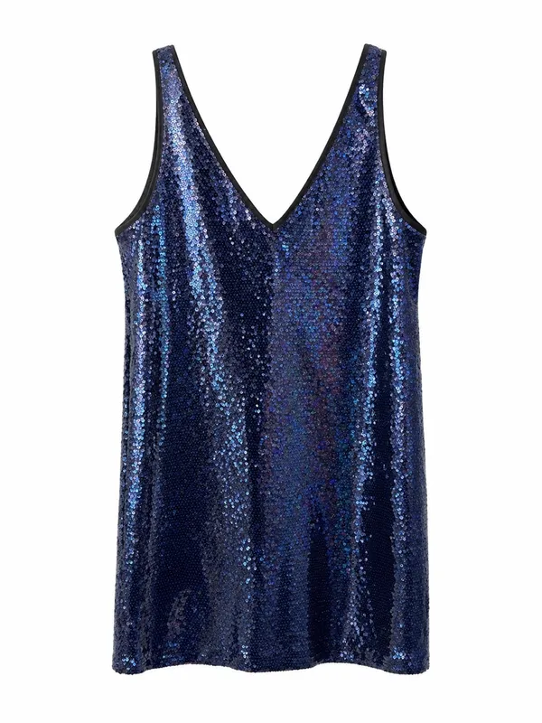 Amanda Uprichard Vita Mini Dress Women M Navy Blue Excellent Sequin V-Neck - Image 3