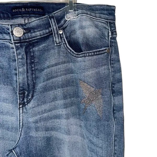 Rock & Republic Berlin Jeans‎ Size 14 Distressed Embellished Birds Skinny Blue - Image 2